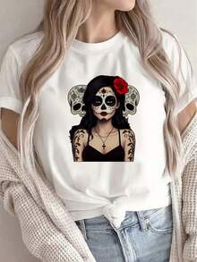 Women's T-Shirt: Casual 's T-Shirt, Decorated With A Sugar Skull Design, Comfortable And Stylish, Suitable For Halloween Parties, Day Of The Dead Celebrations, And Everyday Wear. Women's T-Shirts. - 白色 - 查看 7