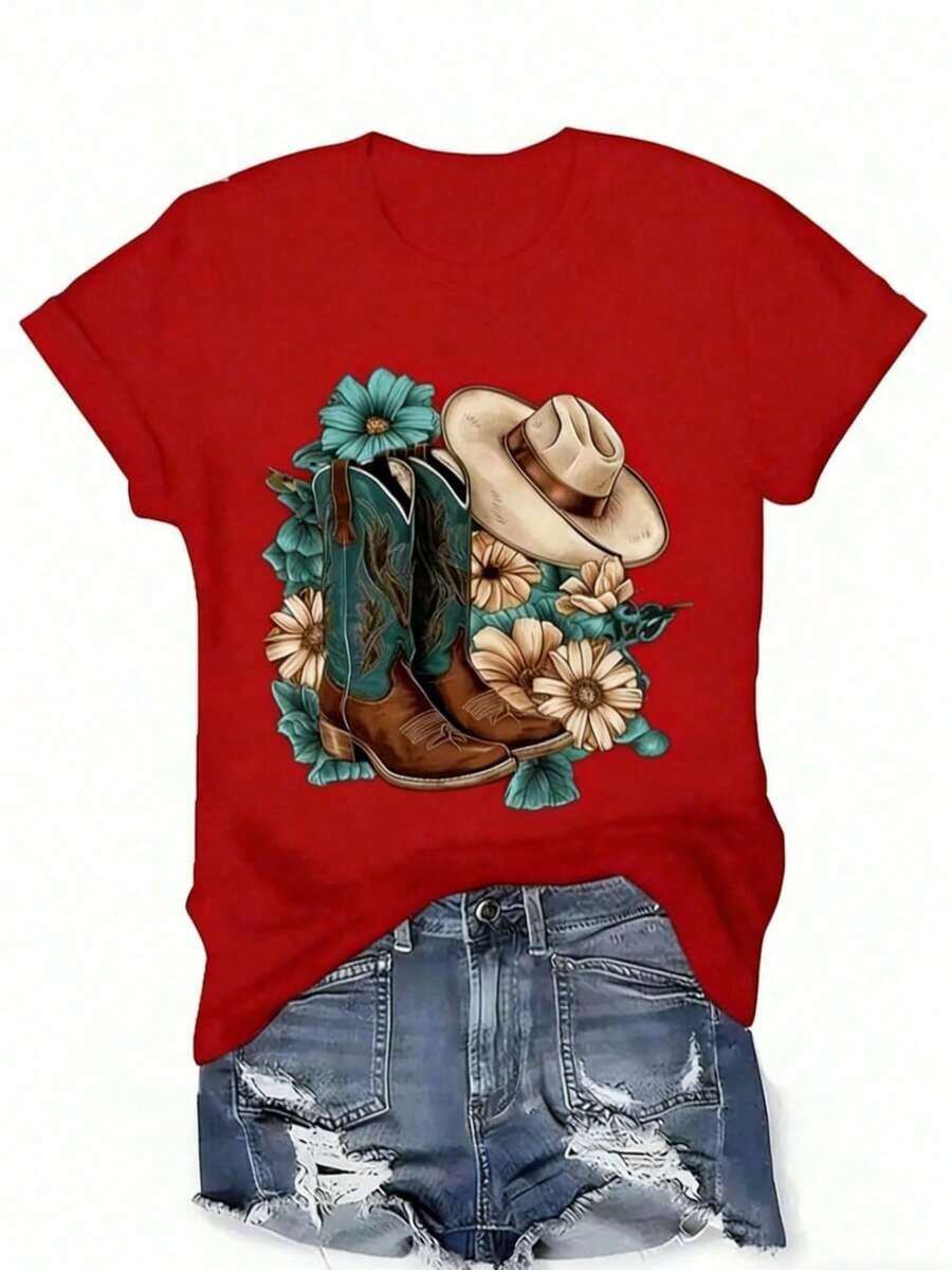Women's Casual Western Style T-Shirt With Floral Print, Boots And Hat, Loose Fit, Round Neck, Short Sleeve, Spring-Summer Casual. - 紅色 - 查看 1