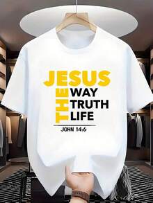Men's Christian T-Shirt With "The Way, The Truth, The Life" Print | John 14:6 Bible Verse Design With Yellow Print | 100% Cotton Crew Neck T-Shirt, Soft And Breathable | Clothing With Bold Faith Messages For Religious Events And Casual Wear | 100% Cotton Machine Washable T-Shirt - 白色 - 查看 7