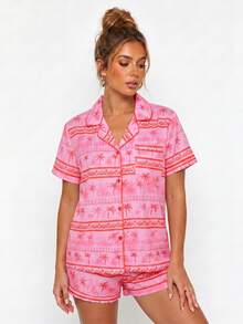 Womens Summer Pajamas Set Coconut Tree Print Button Down Short Sleeve Tops With Shorts Lounge Wear 2 Pcs Set - Pink - View 4