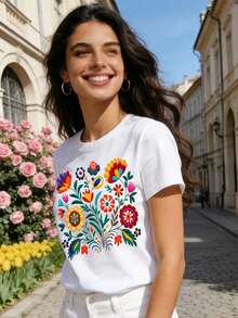 Short Sleeves. Mexican T-Shirt With Colorful And Festive Floral Print, Casual Short Sleeve Top With Round Neck For Women. Leisure - 白色 - 查看 2