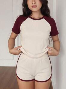 Conjunto de pijama informal de 2 piezas con mangas raglán de color contrastante - Rojo - Ver 3