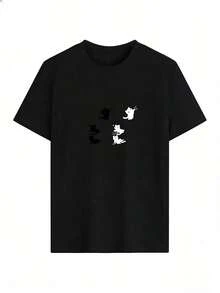 Black And White Cat Silhouette T-Shirt, Fashionable Short-Sleeve T-Shirt For Spring/Summer 2026, Made In Mexico, 180 Grams. Cartoon Print, Couple Design, Suitable For Indoor Or Outdoor Wear. Crew Neck, Unisex, Ideal For Office And Leisure. One-Pack. - BK-P631577SLNDXZGY567 - 查看 4