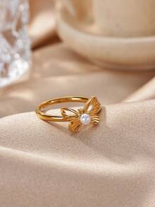 1PC Elegant Pearl Butterfly Rings For Women 18K Gold Plated Stainless Steel Butterfly Ring Aesthetic Wedding Party Jewelry Gift - Multicolor - View 4