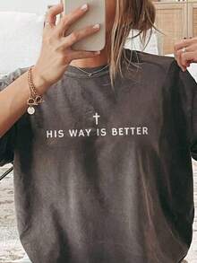 Premium Quality Graphic T-Shirt For Women - Dark Gray Christian T-Shirt With The Bible Verse "His Way Is Better", Soft Clothing For Everyday Wear In Church, Religious Gift For Women - Machine Washable, Simple Jesus Clothing, Casual Faith Outfit, Simple Design Top, Opaque Fabric, Sizes Run Large, Order One Size Down Recommended, T-Shirt, Women's T-Shirt, Vintage T-Shirts. - 黑色 - 查看 7