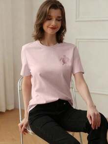 Short-Sleeved T-Shirt With A Round Neck And Slogan Print, Casual And Relaxed Fit For Women, Ideal For Summer, Vacations, And Everyday Wear. Women's T-Shirt. Pink - 粉色 - 查看 9