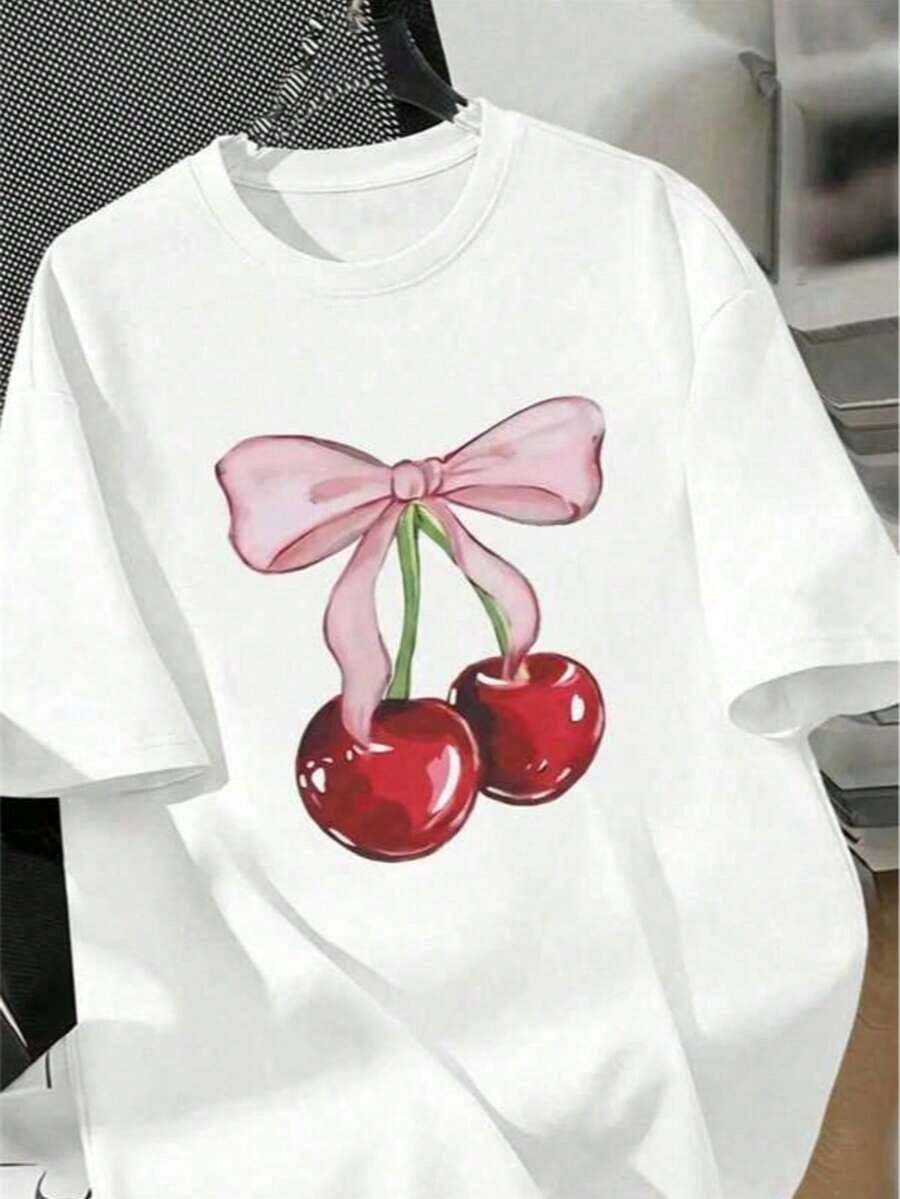 [Entrega Local]Playera Para Mujer Camiseta Casual Mujer Estilo Relajado Con Estampado De Cereza Y Lazo Grande Cuello Redondo Manga Corta Primavera Verano Diario - Blanco - Ver 1