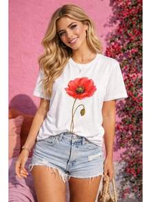 Camiseta de amapola en acuarela, Camiseta de flor roja, Camisa floral estética, Camiseta con estampado botánico, Atuendo Cottagecore, Regalo para ella, Blusas para mujer, Camisa, Estampado, Blusas para dama - Blanco - Ver 1