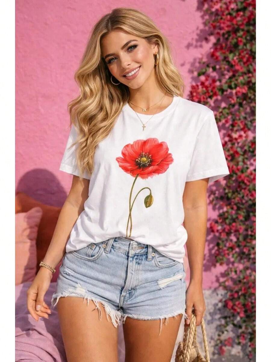 Camiseta de amapola en acuarela, Camiseta de flor roja, Camisa floral estética, Camiseta con estampado botánico, Atuendo Cottagecore, Regalo para ella, Blusas para mujer, Camisa, Estampado, Blusas para dama - Blanco - Ver 1