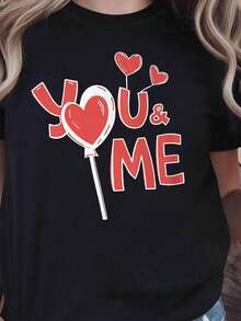 Heart And "You And Me" Graphic Print T-Shirt For Valentine's Day | Women's Casual Short Sleeve Crew Neck T-Shirt, Spring-Summer, For Everyday Wear, Holiday Gift - 黑色 - 查看 8