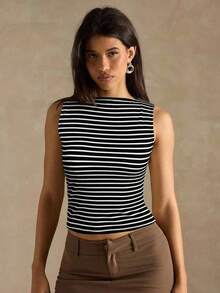 Camiseta de tirantes ajustada a rayas para mujer, ropa de verano y otoño para mujer, ropa de invierno para mujer, disfraces de Halloween, top marrón, top a rayas - Negro 2 - Ver 5