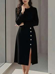 Long, Plain Party Dress, Spring 2026, Fitted With An Elegant Slit - 黑色 - 查看 4
