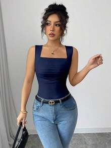 Camiseta sin mangas de verano ajustada de cuello cuadrado de unicolor elegante y casual para mujer - Azul marino - Ver 4