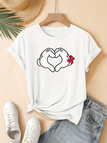 Camiseta de Mujer con Estampado de Manos con Pulgares hacia Arriba y Corazón - Manga Corta, Cuello Redondo, Top de Verano con Gesto de Pulgares hacia Arriba, Blusa Casual Lavable a Máquina para Ropa Informal, Oficina y Regalos - Blanco - Ver 1