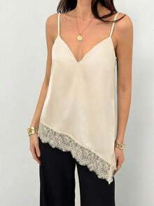 Camiseta elegante y sexy de mujer con estampado de leopardo y encaje en contraste, camiseta de estampado de leopardo elegante, top de fiesta, atuendos de playa y vacaciones para mujeres, top para salir - Beis - Ver 4