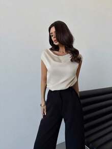 Blusa de satén de unicolor con cuello arrugado asimétrico sin mangas, elegante para mujeres, adecuada para el trabajo, el viaje diario, las citas y las bodas, primavera/verano - Albaricoque - Ver 1