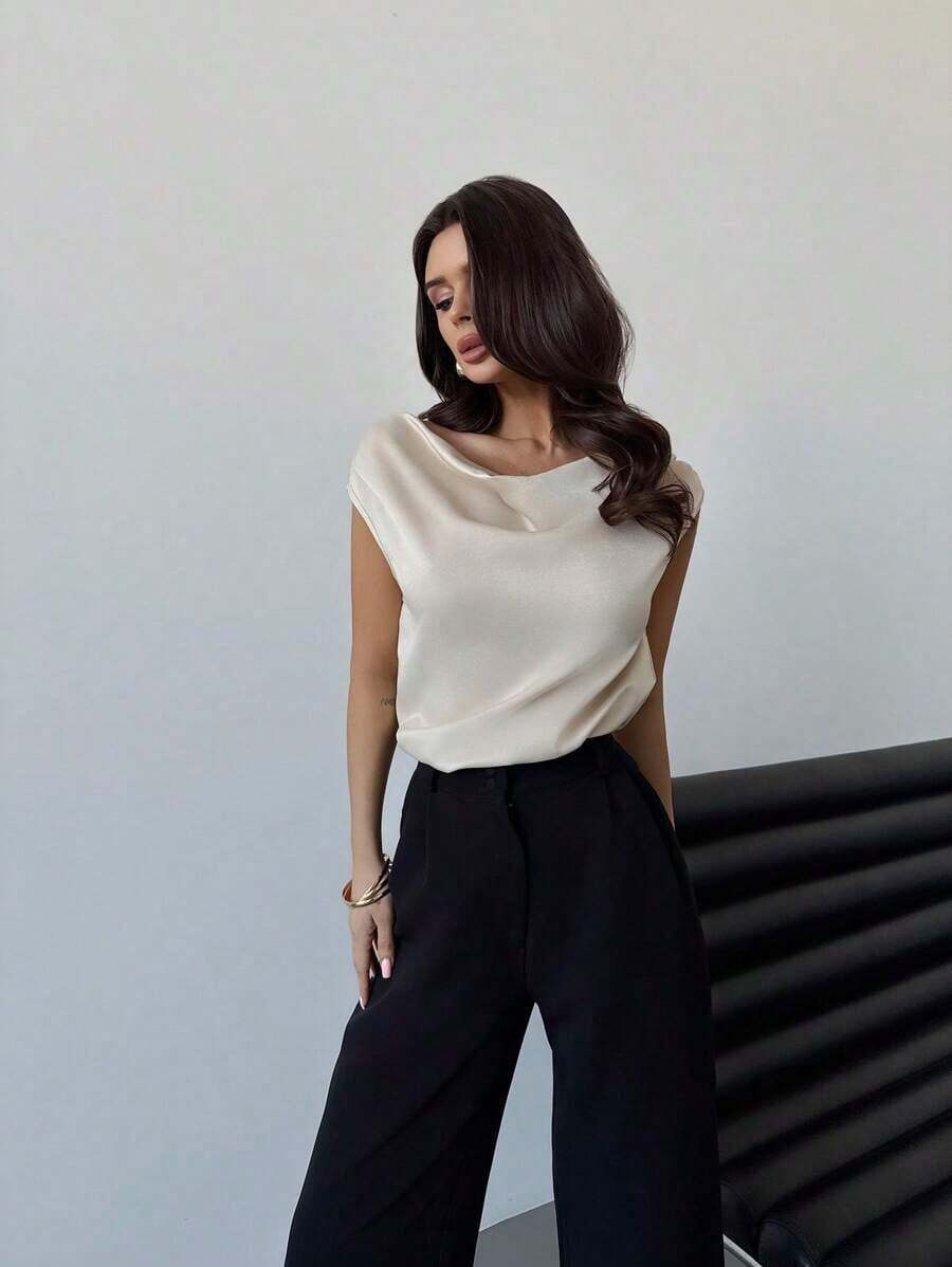 Blusa de satén de unicolor con cuello arrugado asimétrico sin mangas, elegante para mujeres, adecuada para el trabajo, el viaje diario, las citas y las bodas, primavera/verano - Albaricoque - Ver 1