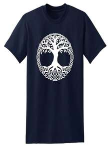 Camiseta de algodón puro con estampado del árbol del Mundo, dise?o de tatuaje del árbol de la Vida celta, camiseta Oak King, cómoda camiseta de manga corta para mujer para actividades al aire libre. - Negro - Ver 1