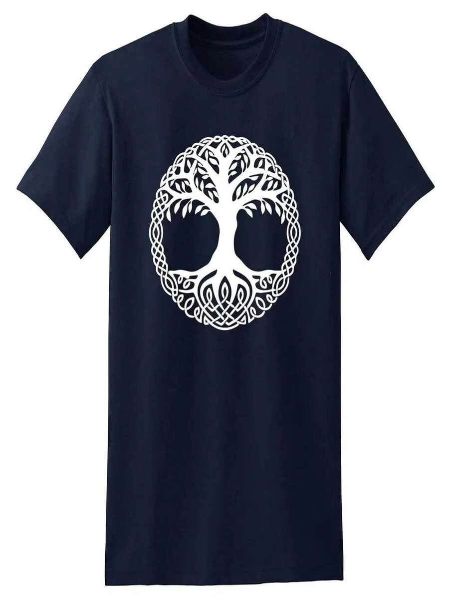 Camiseta de algodón puro con estampado del árbol del Mundo, dise?o de tatuaje del árbol de la Vida celta, camiseta Oak King, cómoda camiseta de manga corta para mujer para actividades al aire libre. - Negro - Ver 1