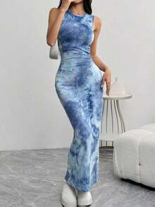 Vestido largo ajustado de verano para mujer con estampado floral y tirantes - Azul - Ver 5