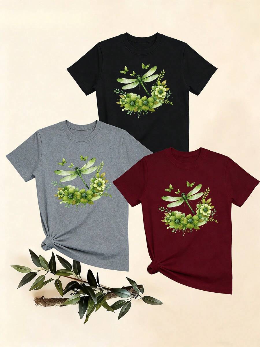 Women's T-Shirts, Women's T-Shirts, Casual One-Piece T-Shirt With Dragonfly And Flower Print, Comfortable And Breathable Women's Top. - 1件黑色隨機圖案 - 查看 1