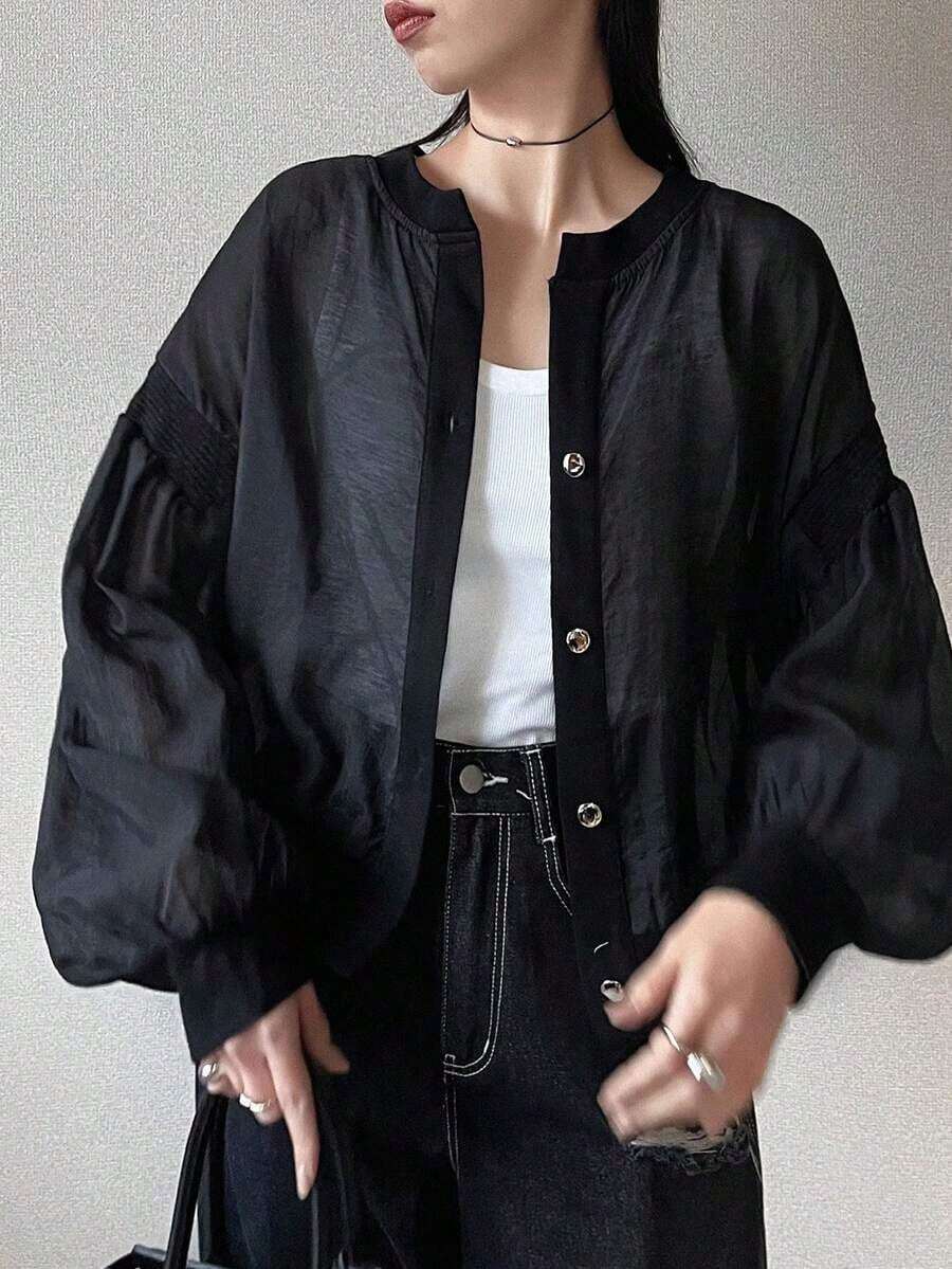 Chaqueta casual y holgada de mujer con decoración de botones metálicos, versátil para primavera y verano - Negro - Ver 1