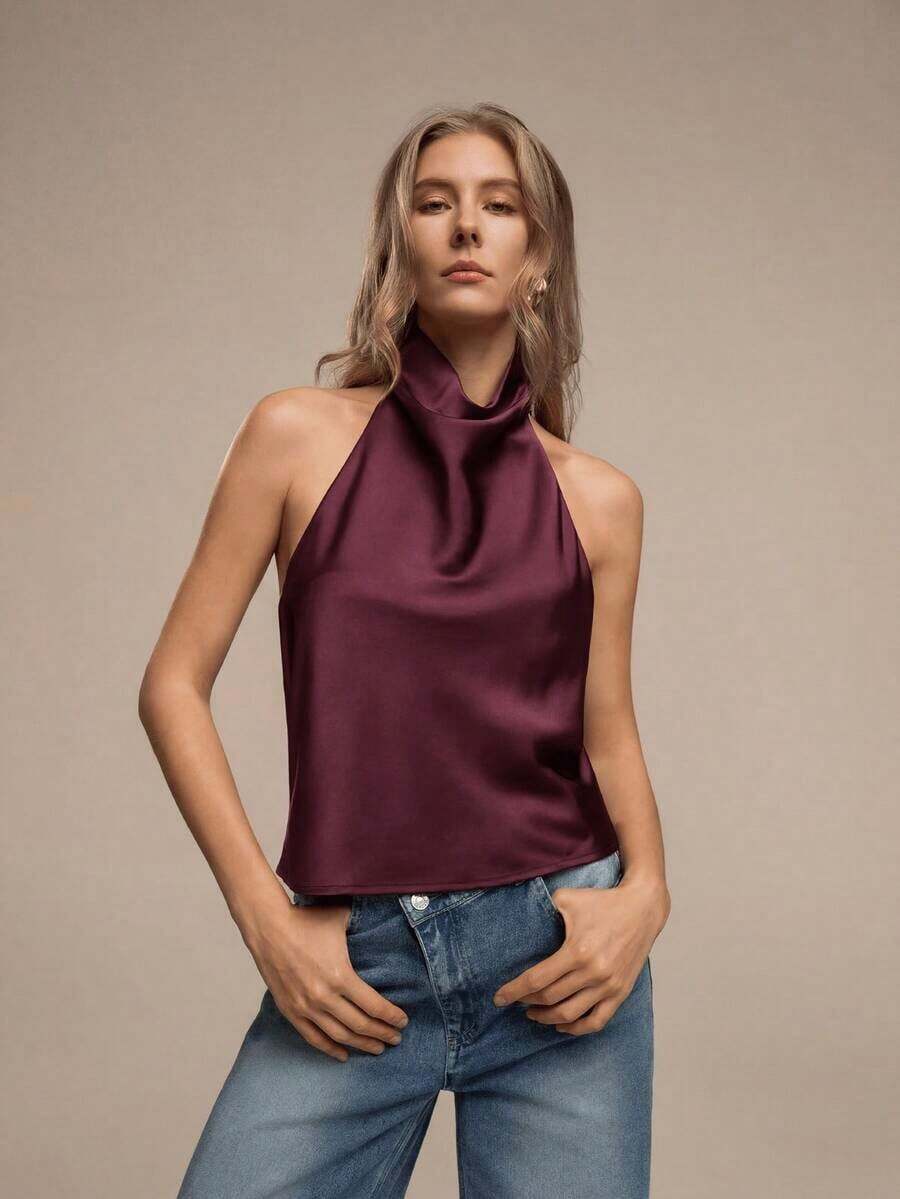 Blusa de mujer de unicolor y sexy con escote halter y espalda descubierta, adecuada para citas y fiestas en verano, color negro - Burdeos - Ver 1