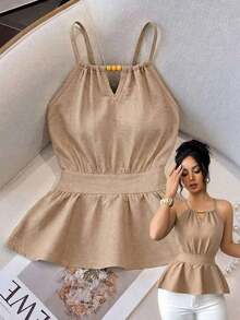 Chaleco ajustado sin mangas con diseño de cremallera y decoración de cuentas de madera con tirantes finos en color verde elegante para mujer, primavera/verano - Albaricoque - Ver 9