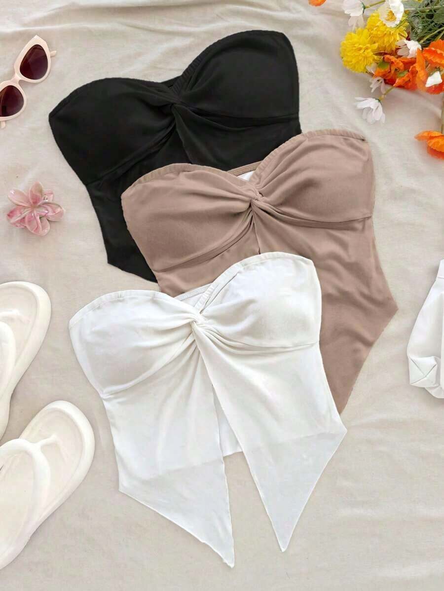 Set de 3 tops cortos sin tirantes de uso diario y para vacaciones con aberturas laterales en el bajo, adecuados para fiestas, vacaciones, festivales de música, citas, tardes de té, playa, cruceros, etc. - Multicolor - Ver 1