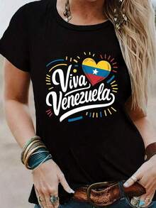 1 Piece, Classic And Versatile Pure Cotton Short-Sleeved T-Shirt, Ideal For Wearing In Any Season, With A Feminine Print And Modern Style - Black - View 1