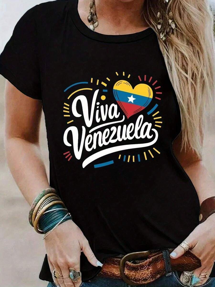1 Piece, Classic And Versatile Pure Cotton Short-Sleeved T-Shirt, Ideal For Wearing In Any Season, With A Feminine Print And Modern Style - Black - View 1