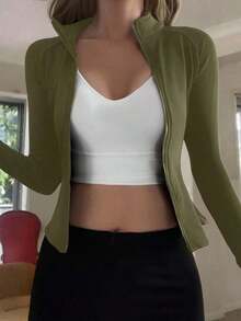 Chaqueta ajustada con cremallera, adecuada para primavera y verano - Verde militar - Ver 6