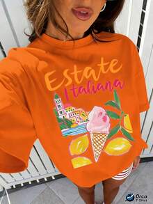 Regular Fit T-Shirt With "Estate Italiana" Print Of Italian Summer Lemon Ice Cream, 100% Cotton, 180 Grams, Orca Brand, Suitable For Casual Wear, Outdoor Activities, Sports, Holidays, Gifts And Other Occasions. - 橘色 - 查看 5