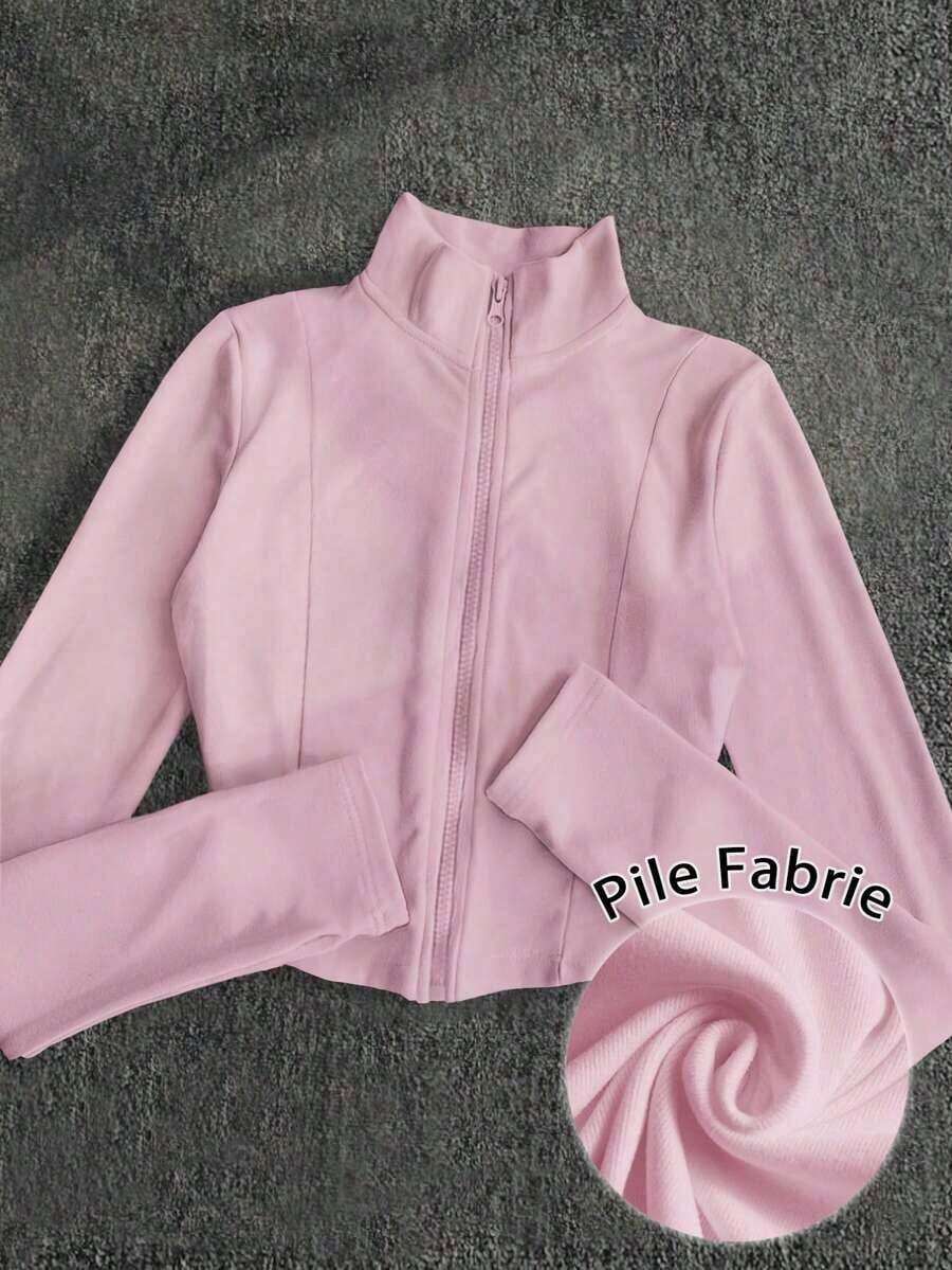 Chaqueta delgada de terciopelo negro para mujer, chaqueta de manga larga con cierre de cremallera de estilo casual y ajuste ceñido para el otoño - Rosa Pálido - Ver 1
