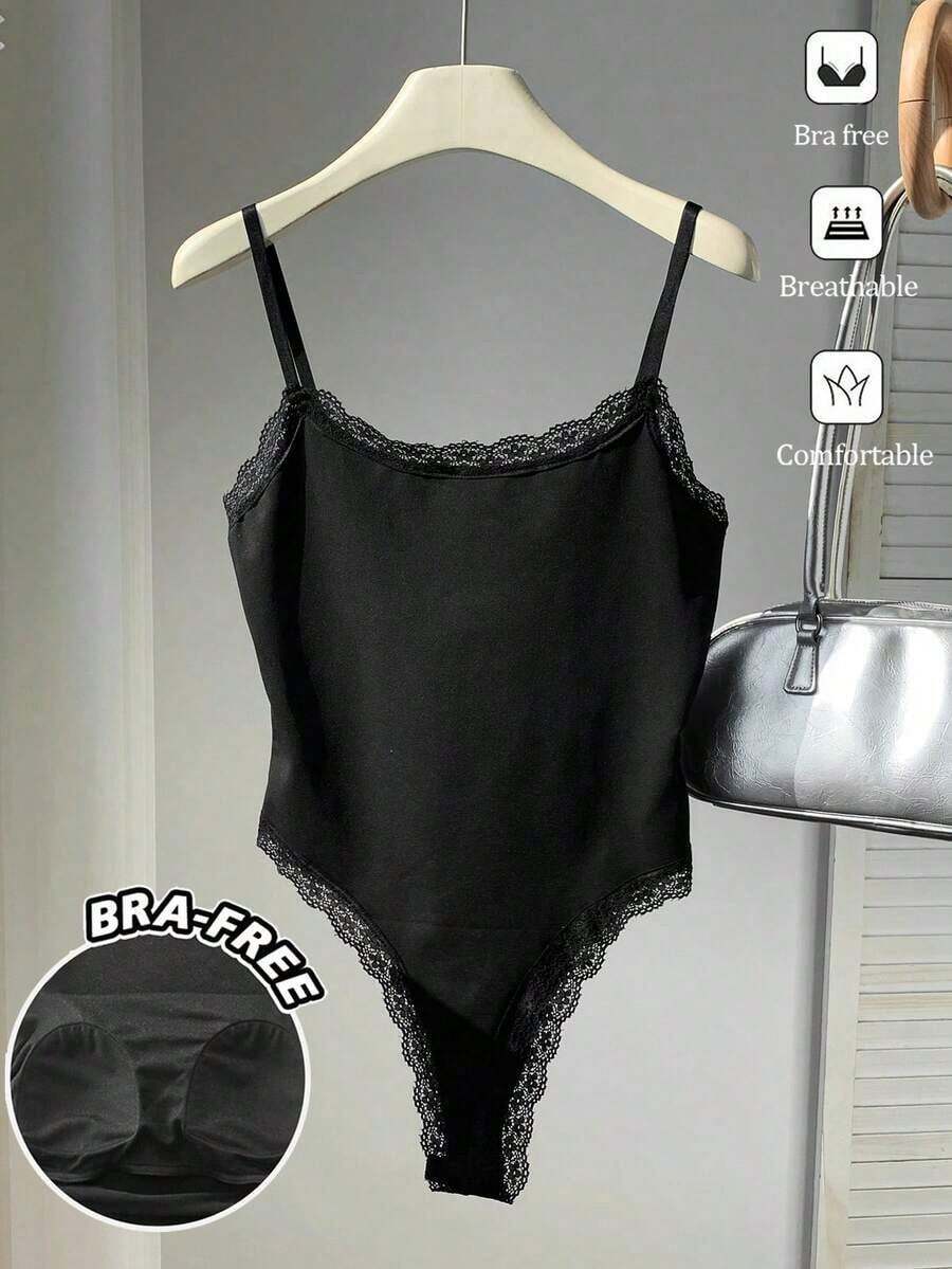 Body de encaje con parches, versátil para uso diario casual de mujer - Negro 4 - Ver 1