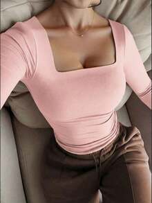 Elegante camiseta básica minimalista vintage casual de uso diario, reversible, de punto con cuello redondo y manga larga para mujer, color negro, para primavera - Rosa - Ver 2