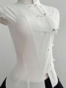 Camisa ajustada de manga corta con cuello mao de algodón negro, nuevo estilo chino retro elegante y versátil para ir a la oficina o al campus - Blanco - Ver 5