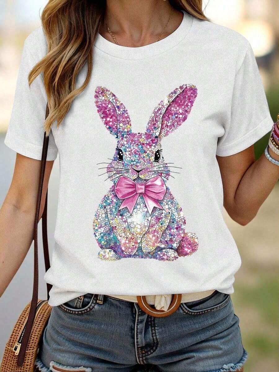 Women's Short-Sleeved, Round-Neck T-Shirt, Soft, With Colorful Rhinestone And Rabbit Patch Print, Suitable For Daily Wear, Holidays And Leisure Time - White - View 1