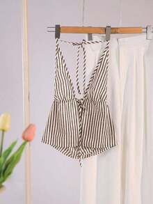 Parte superior de camisa de tirantes con cuello halter a rayas, camiseta de gráficos de verano para mujer - Café integral - Ver 5