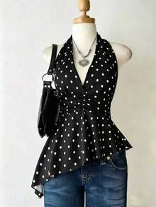 Blusa de verano negra de uso diario versátil con cuello halter, lunares y pliegues - Negro - Ver 4