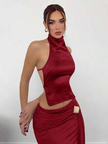 Top de satén sin espalda con cuello alto para mujer, ideal para fiestas - Burdeos - Ver 5