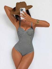 Traje de baño de una pieza con control de abdomen, con cordón, espalda descubierta, a rayas azul y blanco, con efecto push-up, para playa, resort y fiesta - Blanco y Negro 2 - Ver 4