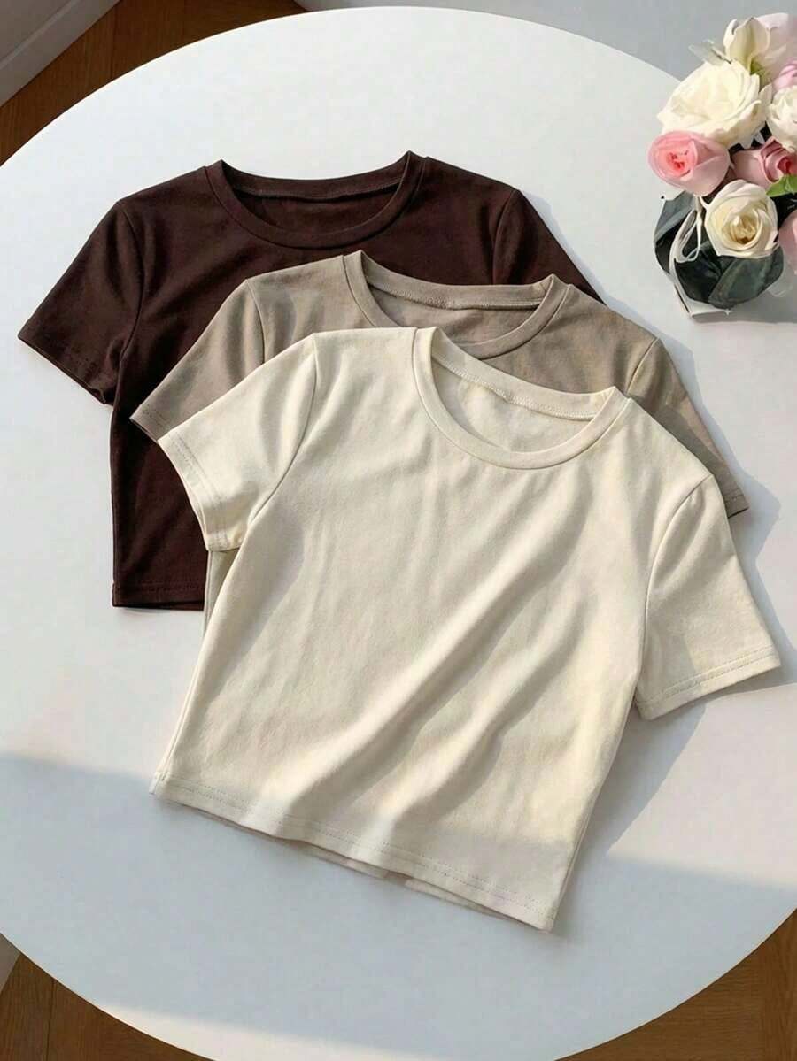 3 Piezas/set Camiseta Ajustada Básica De Manga Corta Con Cuello Redond De Color Sólido En Diferentes Colores - Multicolor - Ver 1