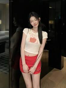Dopamine Graphic Print Cropped Apple Short Sleeve T-Shirt, Fitted Midriff-Baring Top For Summer White - White - View 6