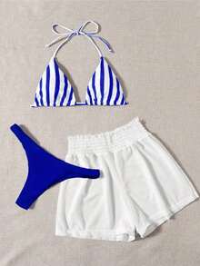 3 piezas de bikini - Bottom a rayas azul y blanco, shorts de cubrir blancos, ropa de playa casual para vacaciones de primavera/verano, fiesta en la playa - Azul y blanco 2 - Ver 5