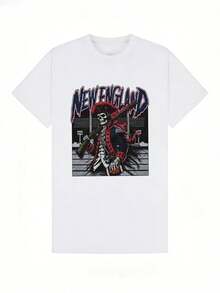 Women's Clothing, Soft And Casual Cotton Summer T-Shirt With Round Neck, Retro Skull And Pirate Print, New England Style. White. - 白色 - 查看 4