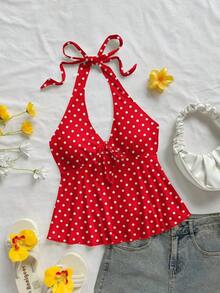 Blusa de mujer casual de vacaciones con cuello en V, lazo y espalda descubierta, apropiada para vacaciones de verano - Amarillo claro - Ver 1