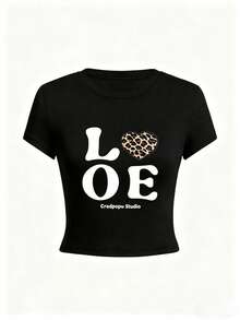 Playera crop para mujer cuello redondo manga corta, modelo nuevo verano con estampado de leopardo y letras.Corte ajustado súper padre, estilo chica trendy blanco muy versátil.Tela fresca y cómoda, perfecta para salidas, looks juveniles y combinar con jeans y falda, estilo moderno que está totalmente de moda. NDJL - Negro - Ver 3