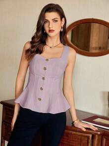 Blusa de mujer vintage, elegante y clásica, con cierre de botones metálicos con forma de flor, blusa sin mangas blanca, para primavera/verano - Púrpura malva - Ver 4