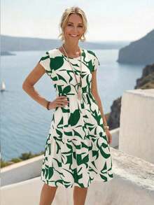 Vestido corto con cuello redondo y manga corta de estampado geométrico, casual para mujer, adecuado para primavera/verano - Verde - Ver 6